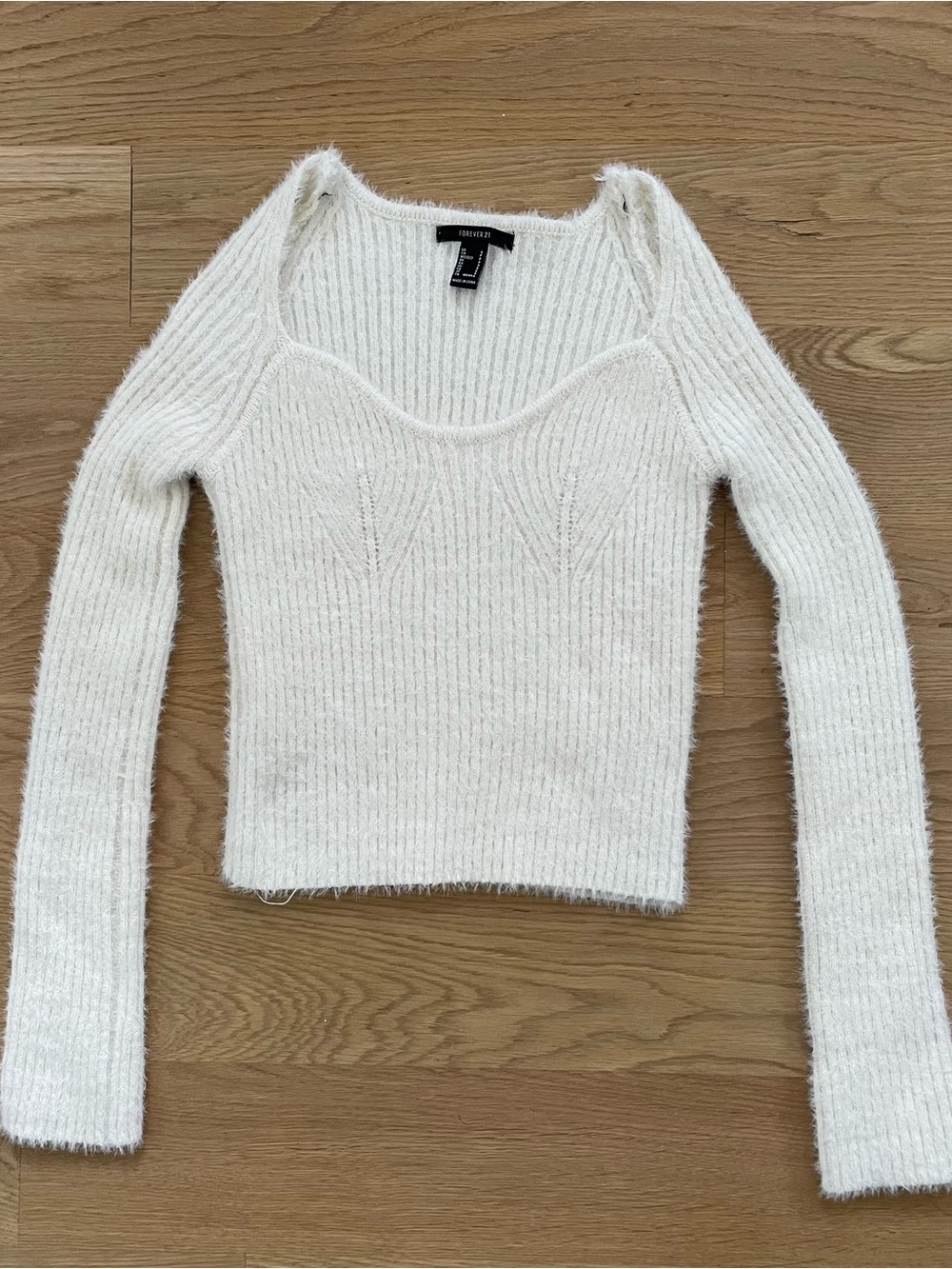 Cream Fuzzy Ribbed Scoop Neck Sweater